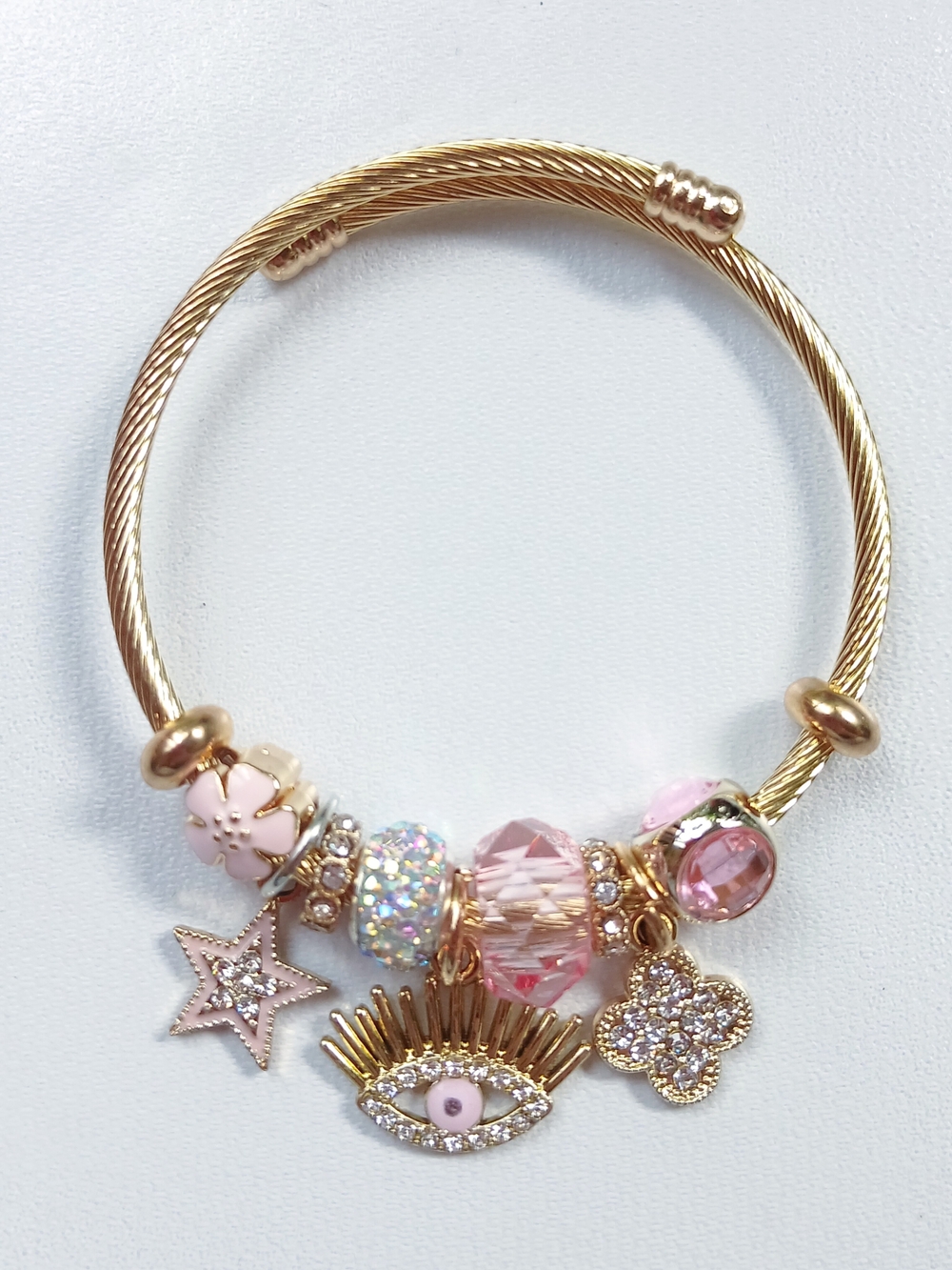 Gold-Tone Pink Charm Bracelet with Crystal & Enamel Accents